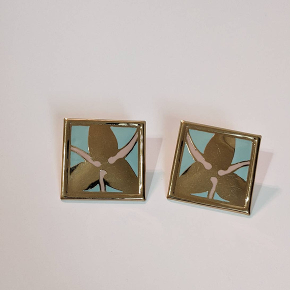 Vintage 80s Statement Earrings Large Gold Tone Metal Enamel Square Signed L Bott - Picture 4 of 7